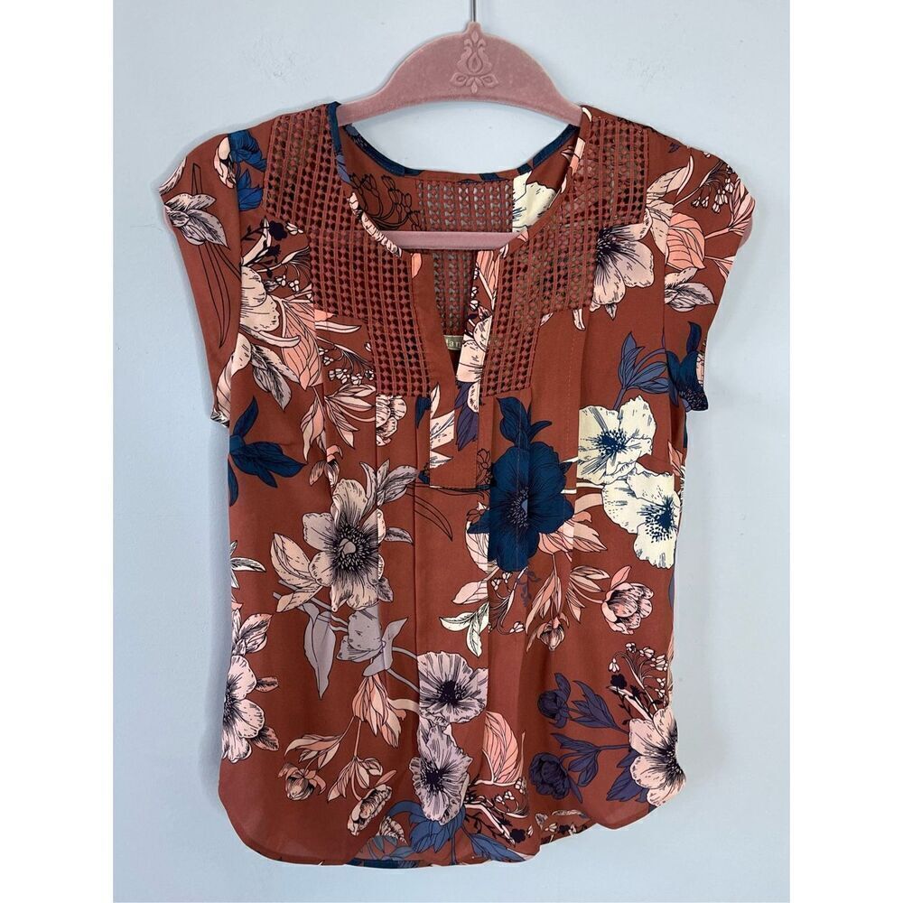 Daniel Rainn Women's XSP Petites Brown Floral Lace Detail Blouse Top Pullover
